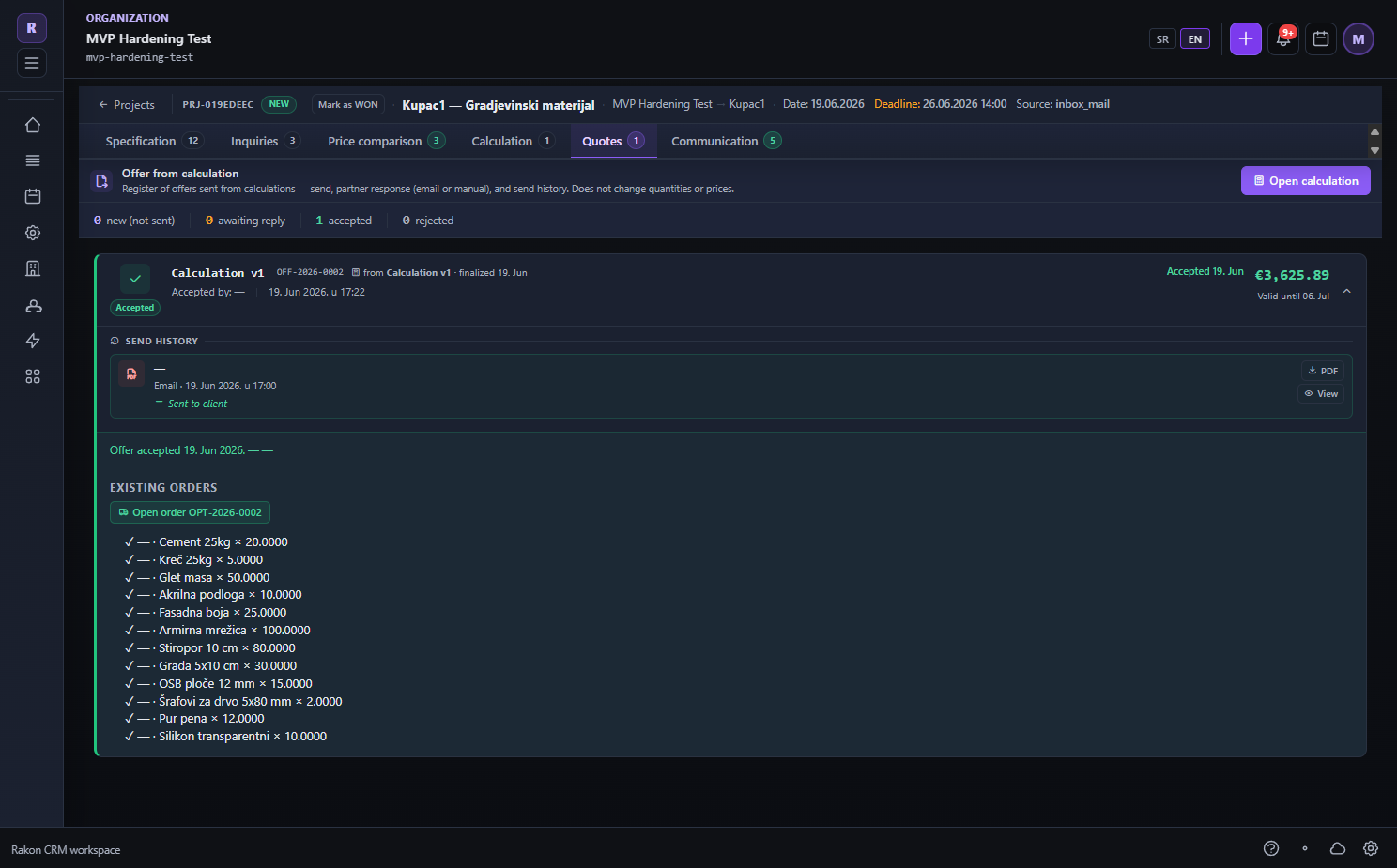 Sending and managing a customer quote in Rakon Flow.