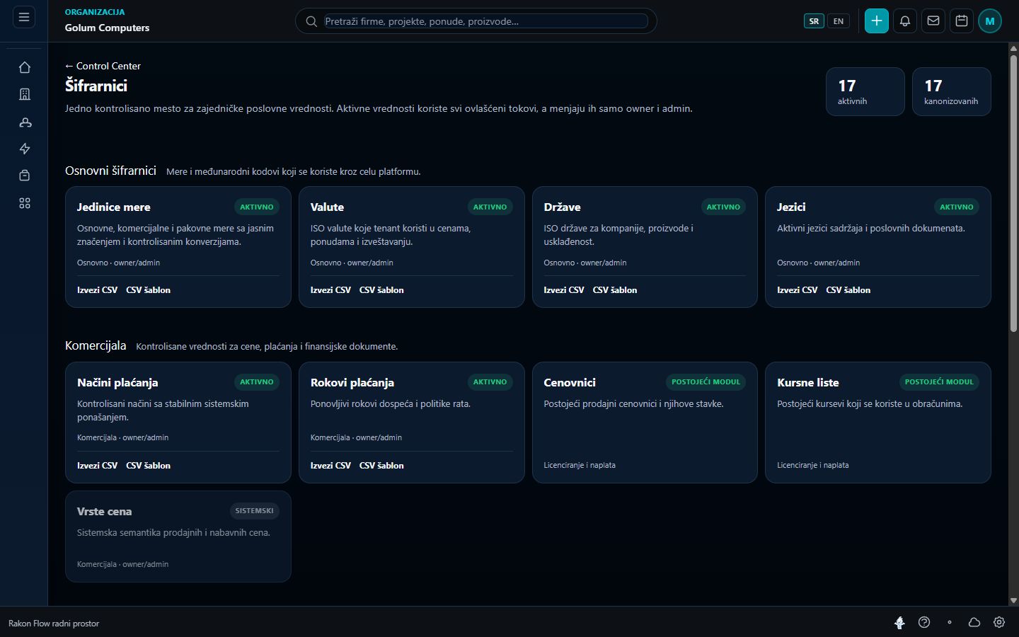 Reference data and code lists in Rakon Flow.