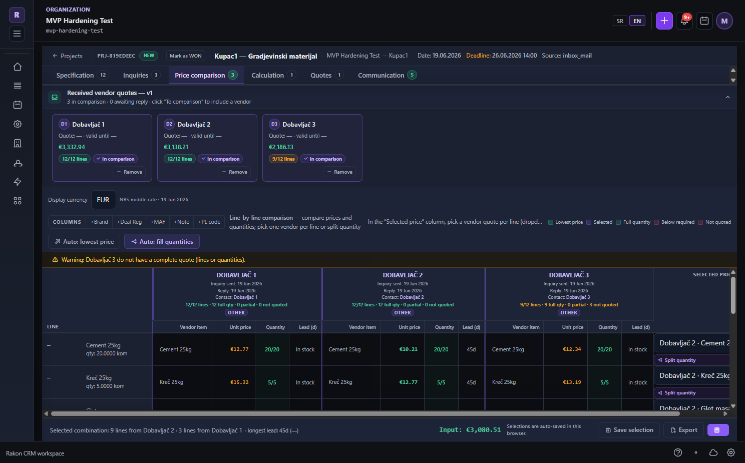 Vendor price comparison table in a Rakon Flow project.